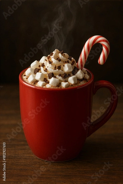 Obraz Hot Chocolate Mug- Festive red cup with whipped cream, marshmallows and candy cane