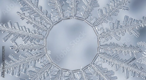 Fototapeta Detailed close-up of a symmetrical snowflake.