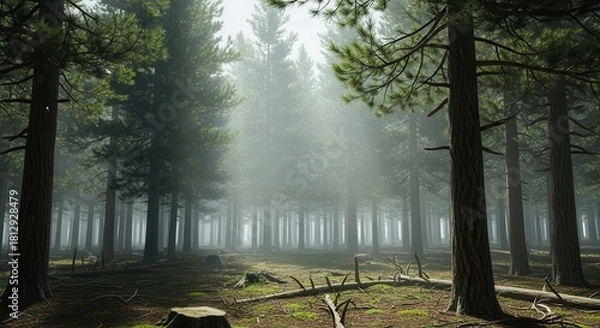 Fototapeta Sunlight filters through a tranquil forest canopy.