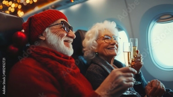 Fototapeta Elderly couple celebrating in an airplane. The man has a white beard and wears a red hat and scarf. The woman has white hair and wears glasses. Both hold champagne glasses.