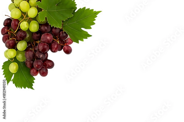 Fototapeta A bunch of red and green grapes with leaves, isolated on transparent background