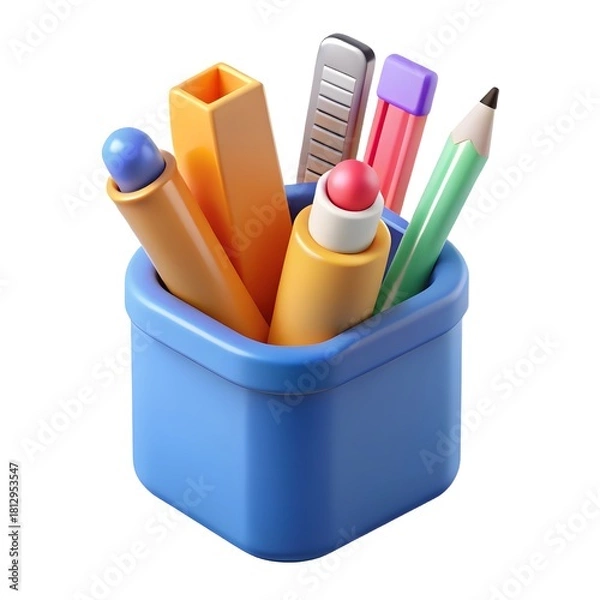 Obraz Colorful assortment of school and office supplies in a blue holder