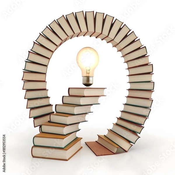 Obraz Stack of books forming a circular staircase leading to a glowing light bulb representing knowledge and ideas