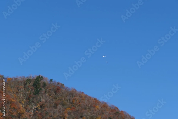 Fototapeta 紅葉の山と物資を運ぶヘリコプター