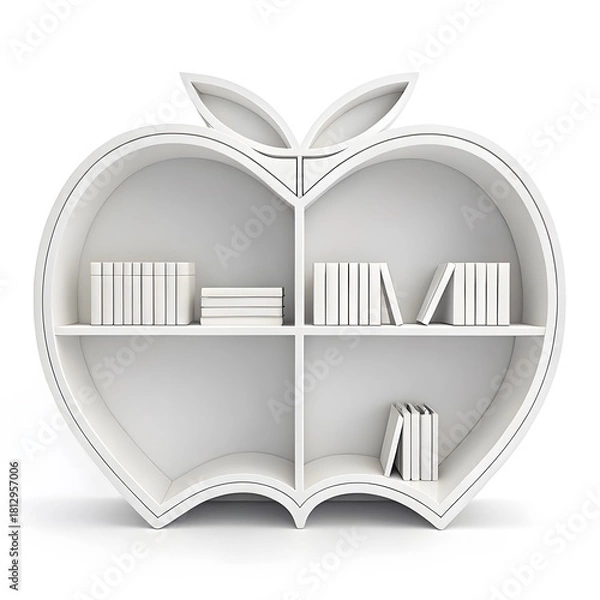 Obraz Modern white apple shaped bookshelf filled with books on a white background