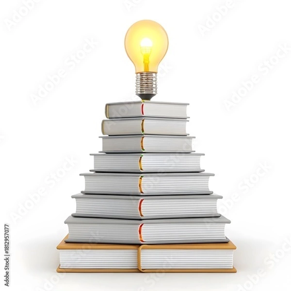 Obraz Illuminated lightbulb atop stack of books symbolizing knowledge and inspiration