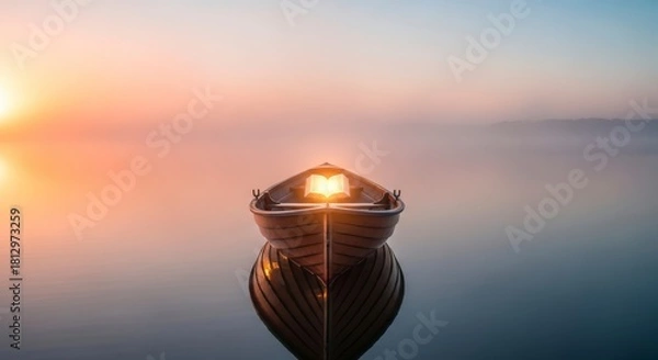 Fototapeta Serene sunrise scene with a mystical glowing book in a peaceful boat on misty waters