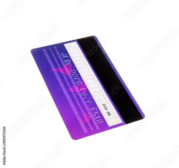 Fototapeta Flying purple credit card on white background, back view