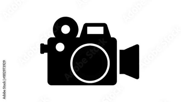 Obraz Vector illustration of black and white icon of a movie camera or video camera combined with a still camera lens on transparent background