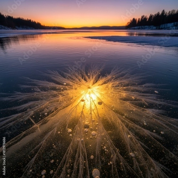 Fototapeta Golden light radiating through intricate starburst ice patterns on a frozen winter lake surface at