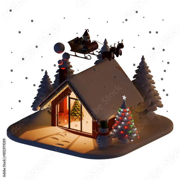 Fototapeta Isometric Winter Christmas Modern Shack 3D Illustration
