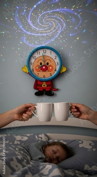 Fototapeta Peaceful Slumber Beneath a Cosmic Projection While Parents Share a Quiet Moment Overhead