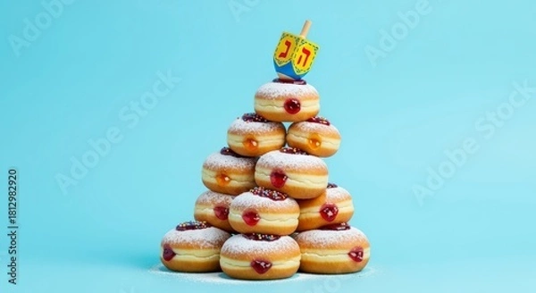 Fototapeta A delightful pyramid of Hanukkah sufganiyot, jelly-filled donuts topped with a dreidel