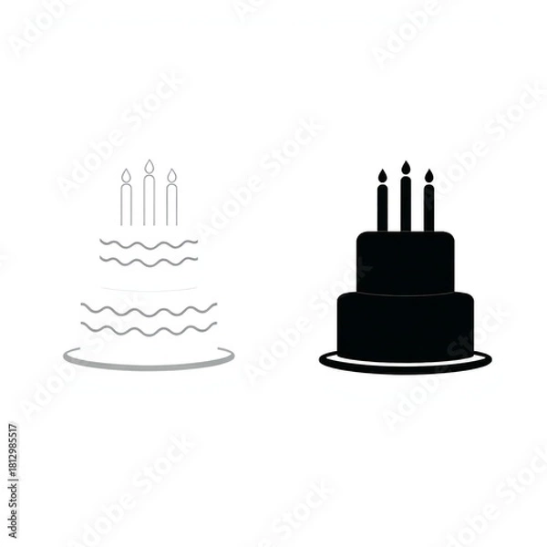 Fototapeta Simple silhouette and outline of a layered birthday cake with candles