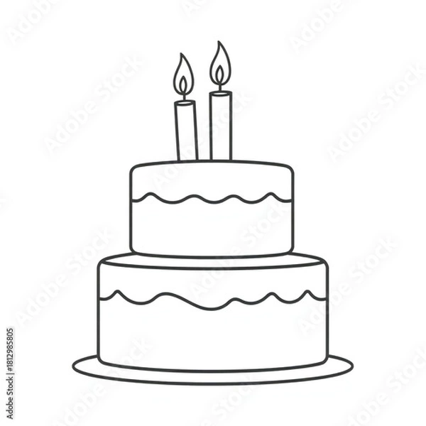 Fototapeta Simple line drawing of a two tier birthday cake with candles