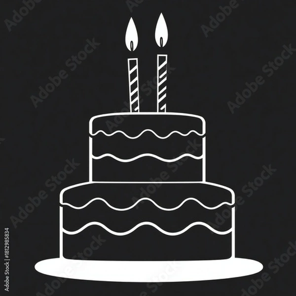 Obraz Simple two tier birthday cake with two lit candles on black background