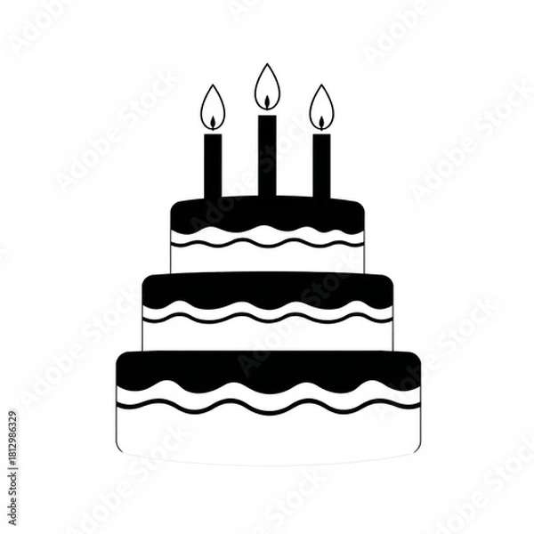 Fototapeta Simple black and white illustration of a three tier birthday cake with candles