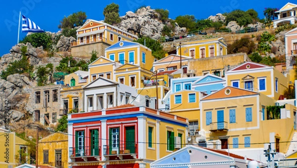 Obraz Symi town on Symi island with colorful neoclassical houses, Greece