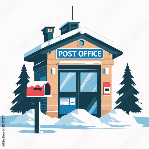 Obraz winter post office building with snow piles, mailbox silhouette outside