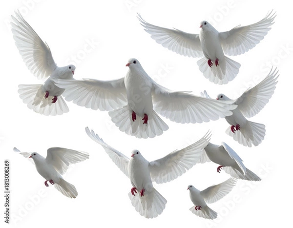 Fototapeta Flock of white doves soaring gracefully in flight