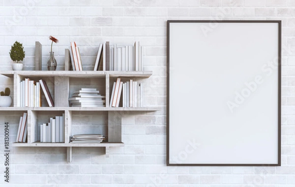 Obraz Mockup blank poster on a white brick wall with Shelves with books on painted white brick wall background. 3D rendering