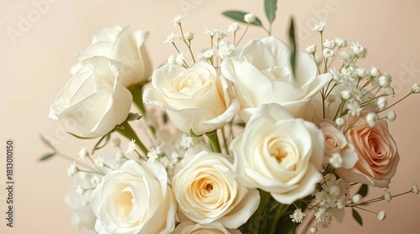 Fototapeta Elegant bouquet of roses and baby's breath flowers on beige background