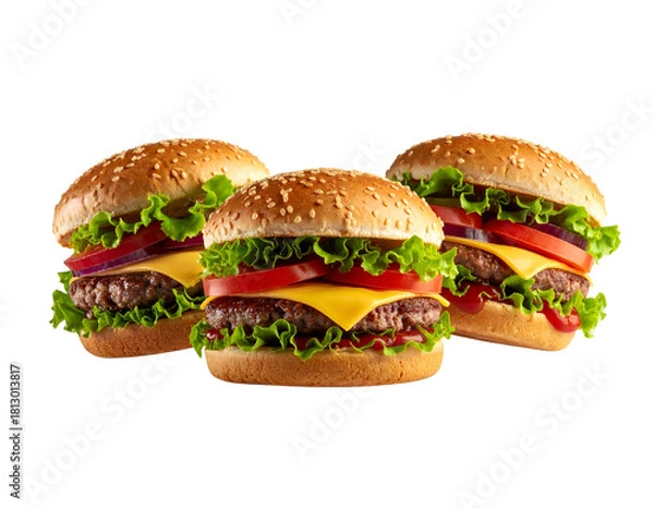 Fototapeta Three juicy beef patties with cheese and toppings