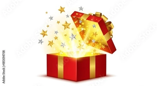 Fototapeta A vibrant illustration of a red gift box with a golden bow, open and radiating light with stars.