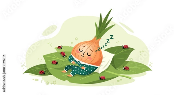 Obraz Onion Dreaming Peacefully Surrounded By Ladybugs and Sleeping Soundly on Leaves