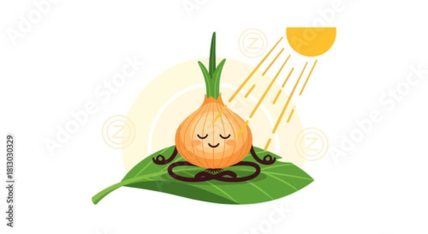 Fototapeta Onion Meditating on Leaf Under Sun: A Whimsical, Zen-Inspired Illustration