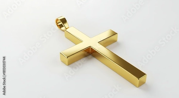 Fototapeta Gleaming gold cross pendant, casting a subtle shadow on a clean, white background