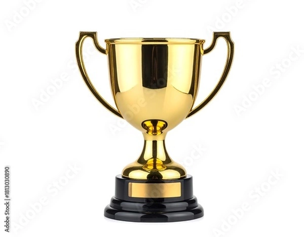 Obraz Gleaming gold cup with black base and handles, isolated against a plain white backdrop