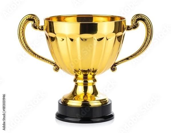 Obraz Gleaming gold-colored trophy cup with ornate handles and a black base, isolated on a white background