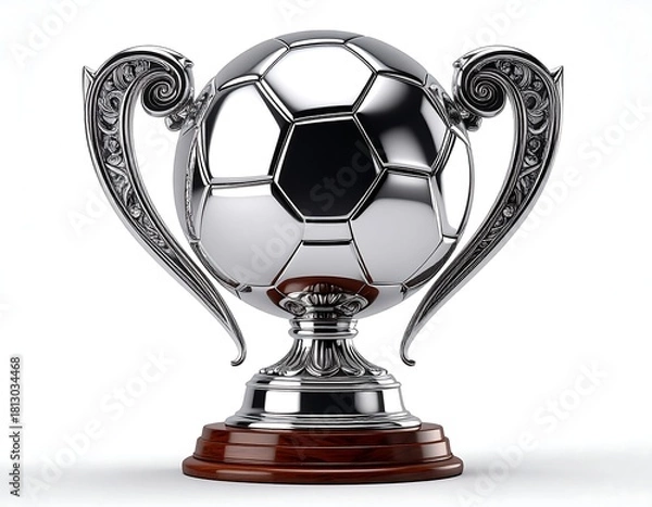 Fototapeta Gleaming silver trophy, soccer ball design, ornate detailing, wood base, set against a white backdrop