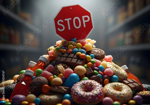 Fototapeta Stop sign amid colorful candy chocolates donuts and sprinkles stacked in a store scene
