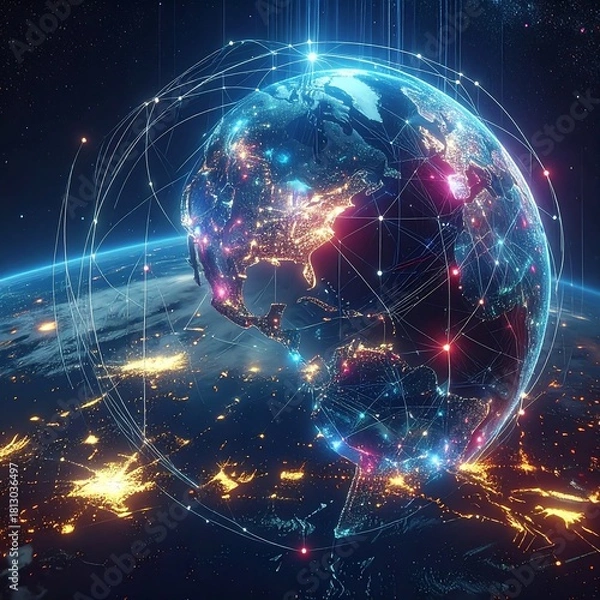 Obraz Global network visualization with Earth and interconnected data lines in a celestial scene