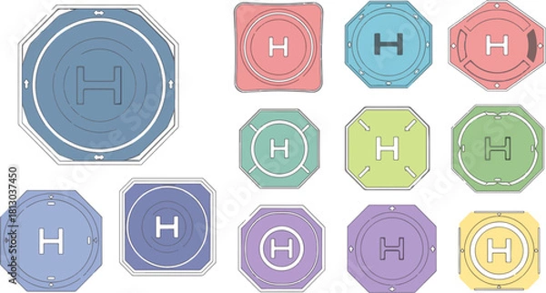 Fototapeta Colorful Helicopter Landing Pad Symbols in Various Shapes and Colors