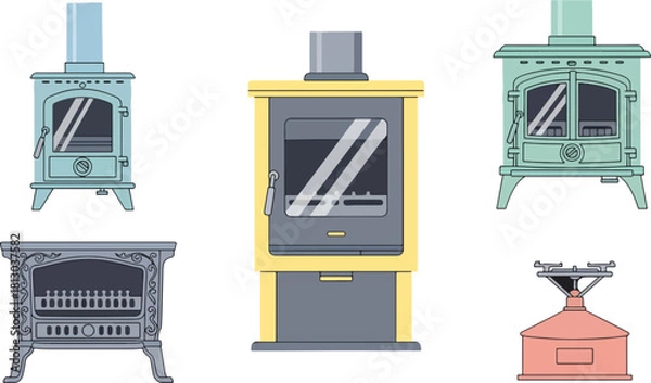 Fototapeta Collection of Vintage Stoves and Fireplace with Retro Style and Pastel Colors