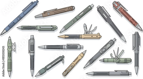 Fototapeta Collection of Mechanical Pencils and Pens in Various Colors and Styles