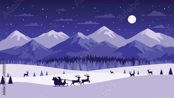 Fototapeta Santa Claus riding his sleigh pulled by reindeer through a snowy landscape under a starry night sky with mountains in the background.