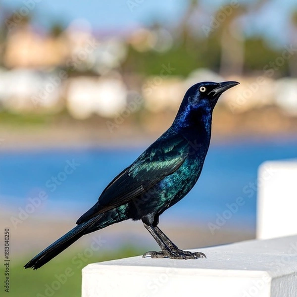 Obraz Glossy black bird with iridescent feathers perches on a white ledge. Background blurred