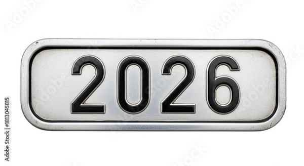 Fototapeta A weathered and scratched metallic plate with the year 2026 embossed in bold black numbers, featuring a vintage industrial style and a textured, worn surface detail