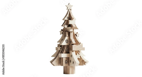 Fototapeta A minimalist wooden Christmas tree with a star topper and snowflake cutouts, showcasing a modern Scandinavian design and natural wood grain in a festive, handcrafted style