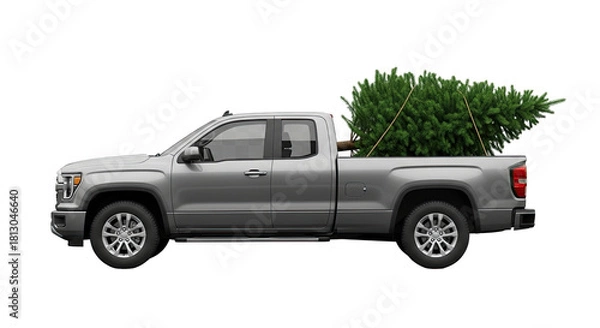 Obraz A modern silver pickup truck seen from the side, transporting a freshly cut green Christmas tree tied down with rope in the cargo bed for the festive holiday season