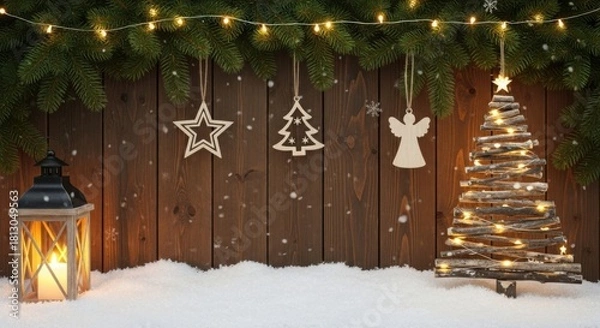 Fototapeta Festive christmas scene with lantern, rustic tree, decor and snow
