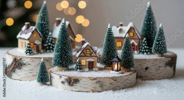 Fototapeta Charming miniature christmas village scene with festive bokeh lights