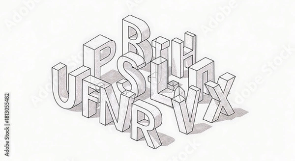 Fototapeta Modern 3D isometric alphabet letters arranged in a dynamic composition for graphic design