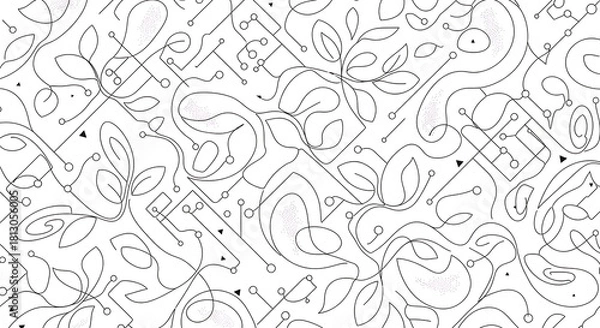 Fototapeta Modern abstract line art seamless pattern blending organic forms with geometric tech elements