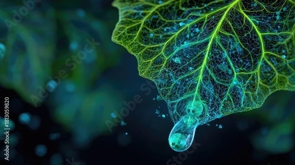 Fototapeta Water drop shaped like earth resting on leaf concept. Close-up of a leaf with a water droplet, showcasing nature's beauty.