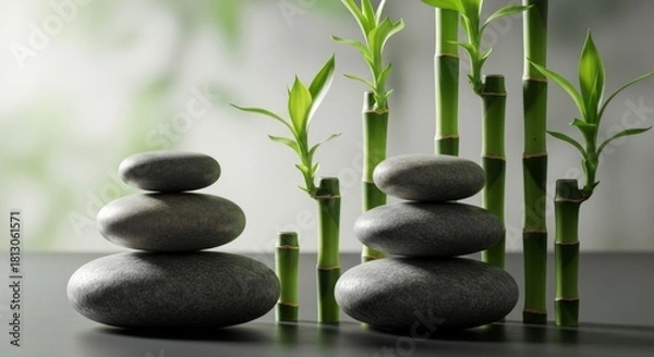 Fototapeta Stacked stones and green bamboo shoots for relaxation